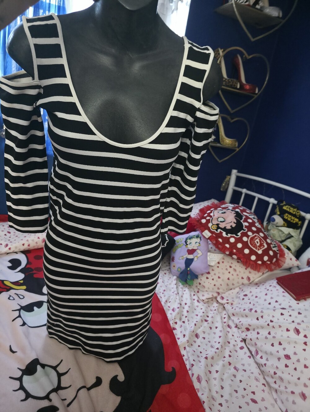 bebe Black and White Striped Cold-Shoulder Mini Dress